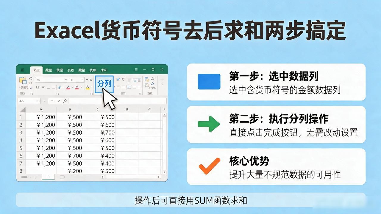 Excel货币符号去掉后怎么求和？两步搞定